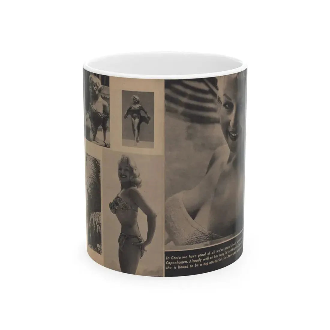 Greta Thyssen #159 - Pages 4 & 5 of 5 with, 5 B&W Photos & Caption from Xcitement Digest Mag. June '57 (Vintage Female Icon) White Coffee Mug 11oz - Go Mug Yourself