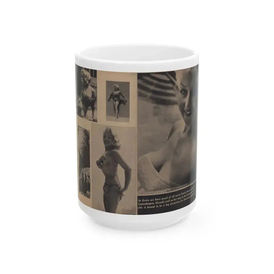 Greta Thyssen #159 - Pages 4 & 5 of 5 with, 5 B&W Photos & Caption from Xcitement Digest Mag. June '57 (Vintage Female Icon) White Coffee Mug 15oz - Go Mug Yourself