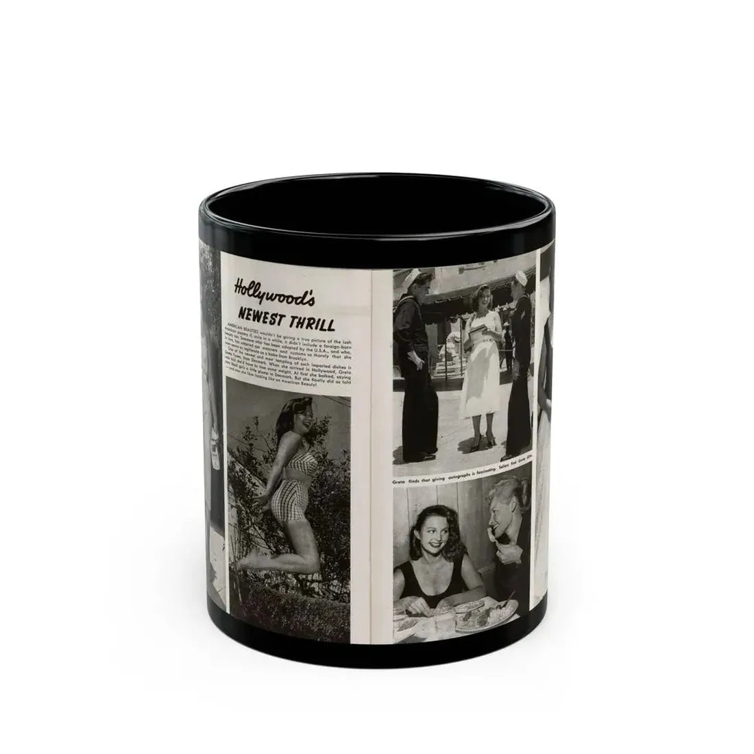 Greta Thyssen #16 - American Beauties Mag. '53 - 2 Pages with, 5 B&W Photos (Vintage Female Icon) Black Coffee Mug 11oz - Go Mug Yourself