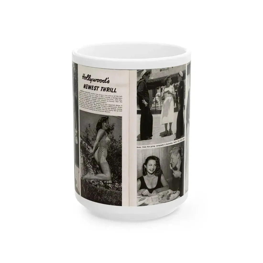 Greta Thyssen #16 - American Beauties Mag. '53 - 2 Pages with, 5 B&W Photos (Vintage Female Icon) White Coffee Mug 15oz - Go Mug Yourself