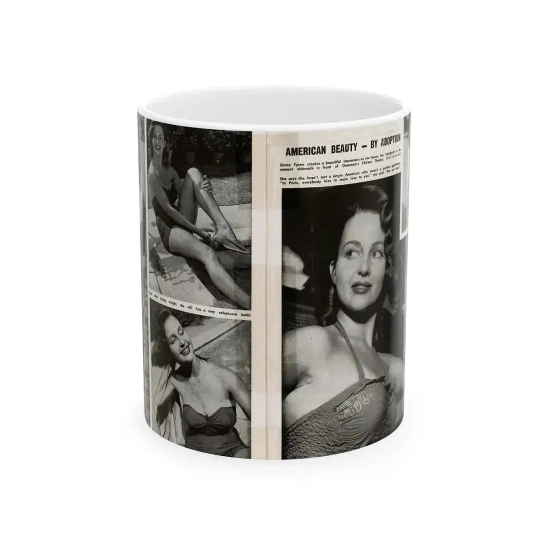 Greta Thyssen #17 - American Beauties Mag. '53 - 2 Pages with, 5 B&W Photos (Vintage Female Icon) White Coffee Mug 11oz - Go Mug Yourself