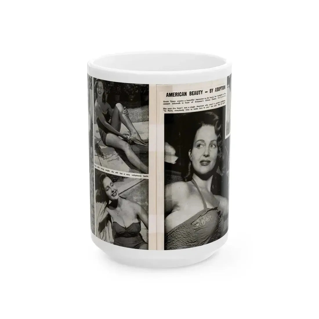 Greta Thyssen #17 - American Beauties Mag. '53 - 2 Pages with, 5 B&W Photos (Vintage Female Icon) White Coffee Mug 15oz - Go Mug Yourself