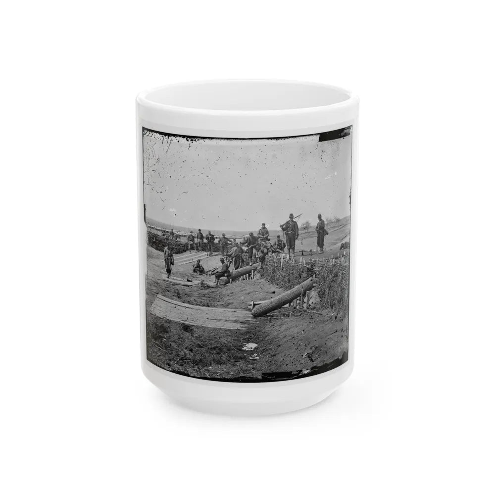 Group Of Federal Soldiers In Confederate Fort On Heights Of Centreville With Quaker Guns (U.S. Civil War) White Coffee Mug-15oz-Go Mug Yourself