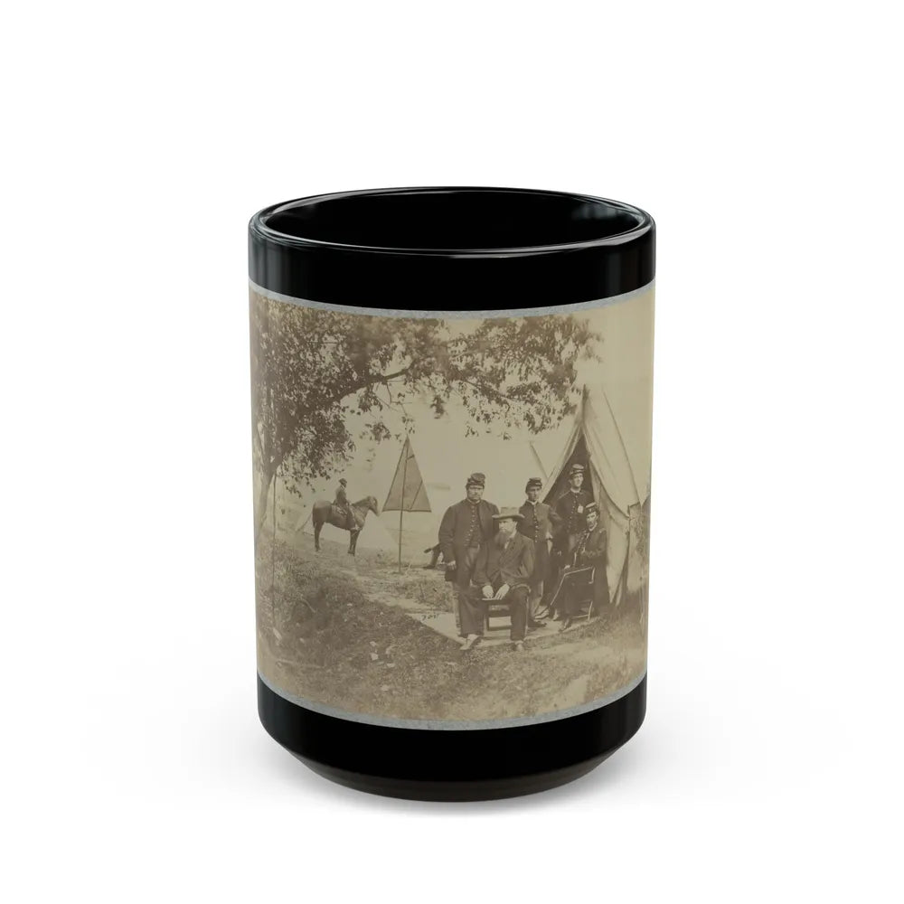 Group Of Five Officers Outside A Tent With A Man Sitting On A Horse In The Background (U.S. Civil War) Black Coffee Mug-15oz-Go Mug Yourself