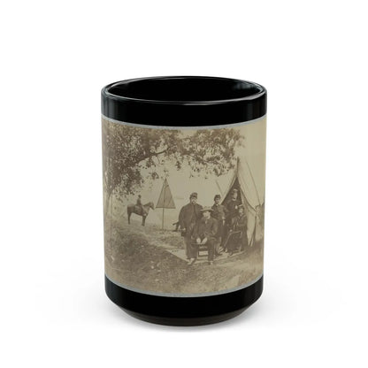 Group Of Five Officers Outside A Tent With A Man Sitting On A Horse In The Background (U.S. Civil War) Black Coffee Mug-15oz-Go Mug Yourself