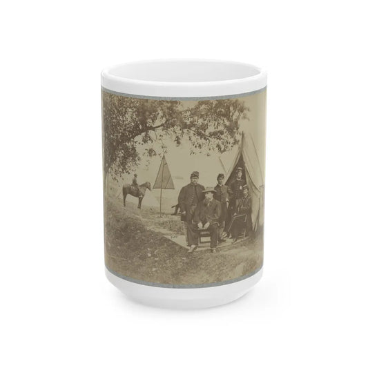 Group Of Five Officers Outside A Tent With A Man Sitting On A Horse In The Background (U.S. Civil War) White Coffee Mug-15oz-Go Mug Yourself