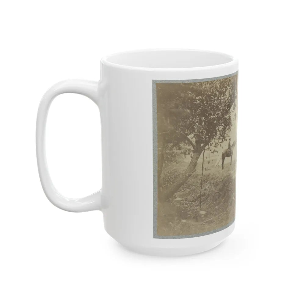 Group Of Five Officers Outside A Tent With A Man Sitting On A Horse In The Background (U.S. Civil War) White Coffee Mug-Go Mug Yourself