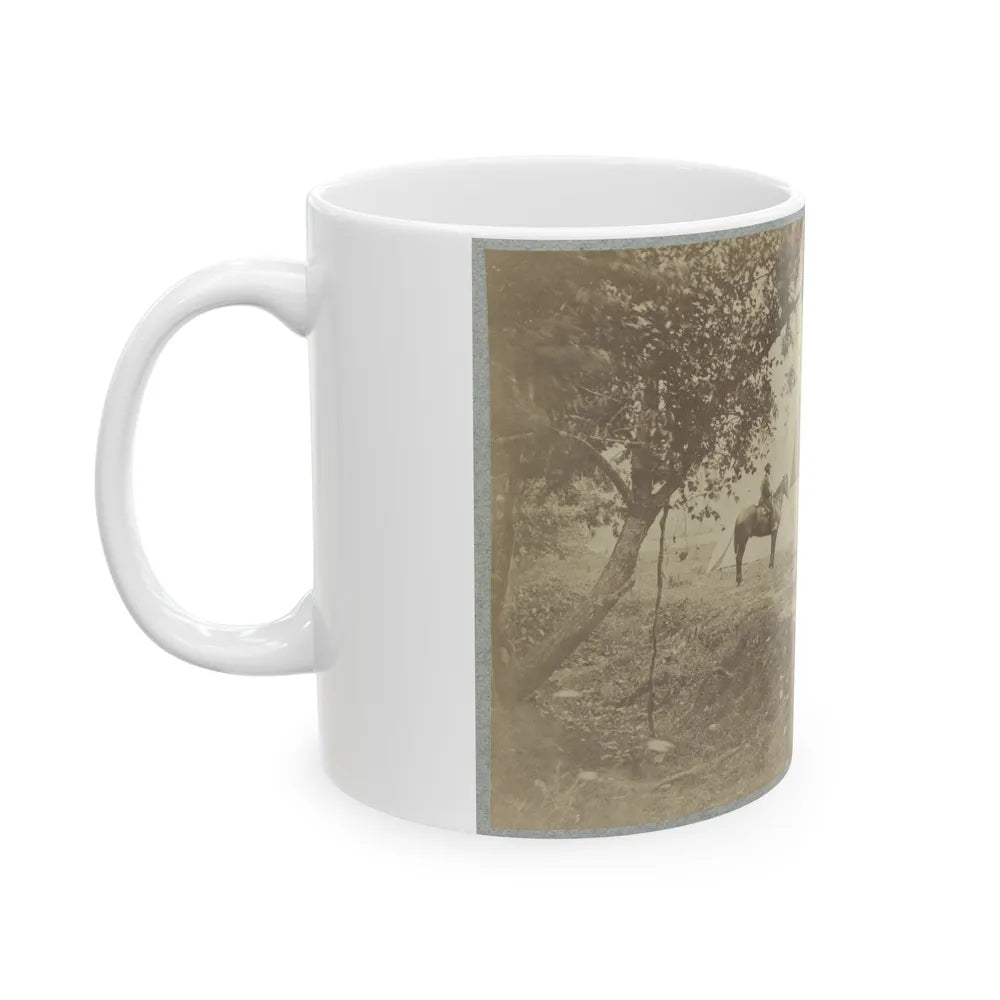 Group Of Five Officers Outside A Tent With A Man Sitting On A Horse In The Background (U.S. Civil War) White Coffee Mug-Go Mug Yourself