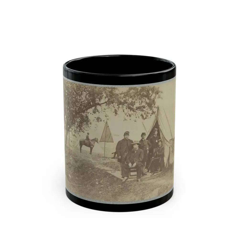 Group Of Five Officers Outside A Tent With A Man Sitting On A Horse In The Background (U.S. Civil War) Black Coffee Mug 11oz - Go Mug Yourself