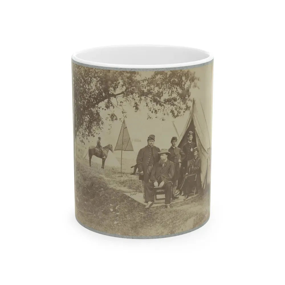 Group Of Five Officers Outside A Tent With A Man Sitting On A Horse In The Background (U.S. Civil War) White Coffee Mug 11oz - Go Mug Yourself