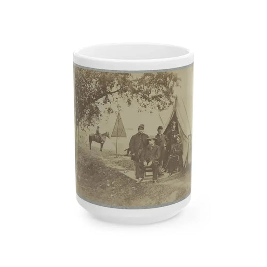 Group Of Five Officers Outside A Tent With A Man Sitting On A Horse In The Background (U.S. Civil War) White Coffee Mug 15oz - Go Mug Yourself