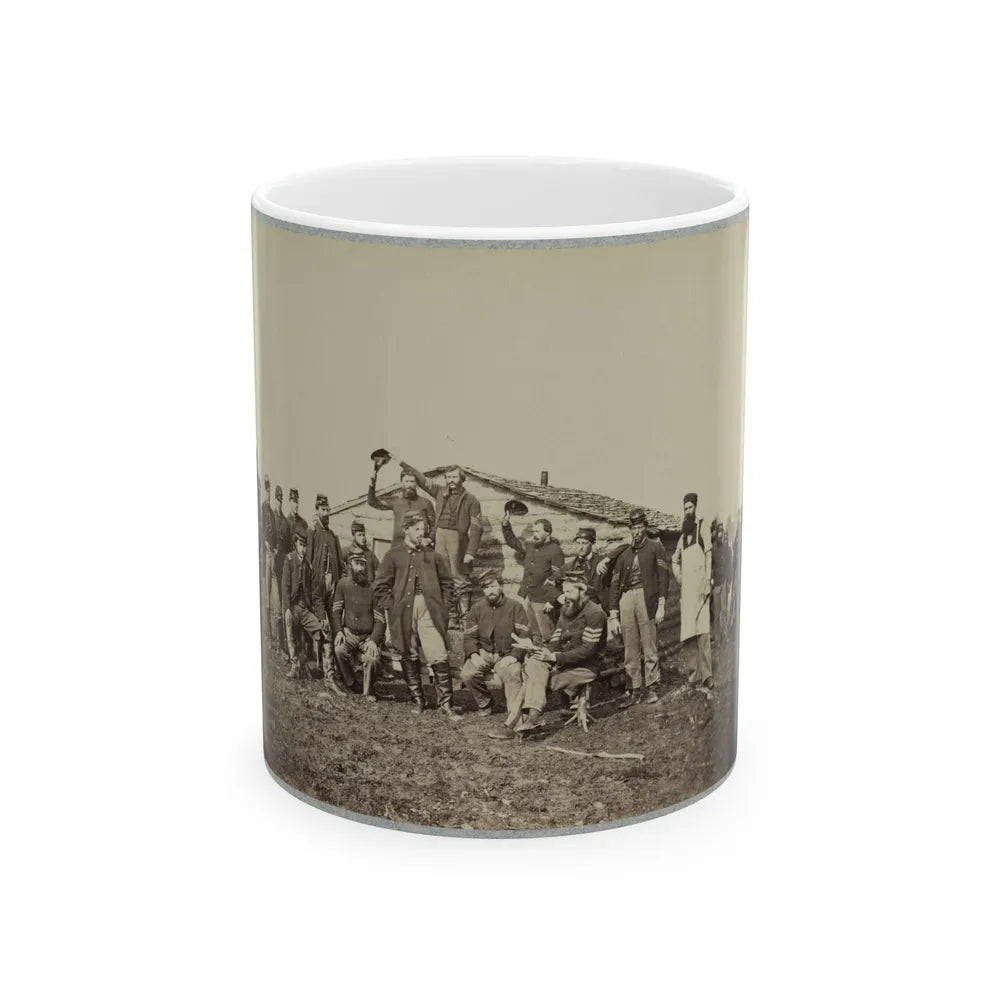 Group Of Soldiers Gathered Outside A Cabin (U.S. Civil War) White Coffee Mug-11oz-Go Mug Yourself