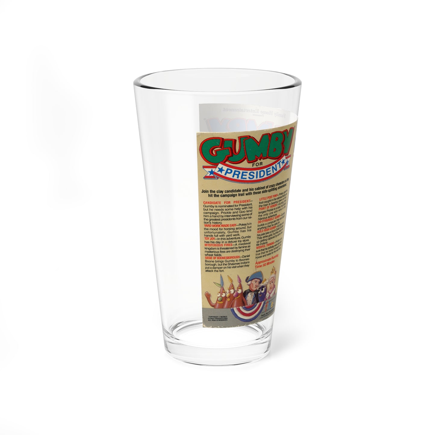 GUMBY FOR PRESIDENT (VHS COVER) Pint Glass 16oz-Go Mug Yourself