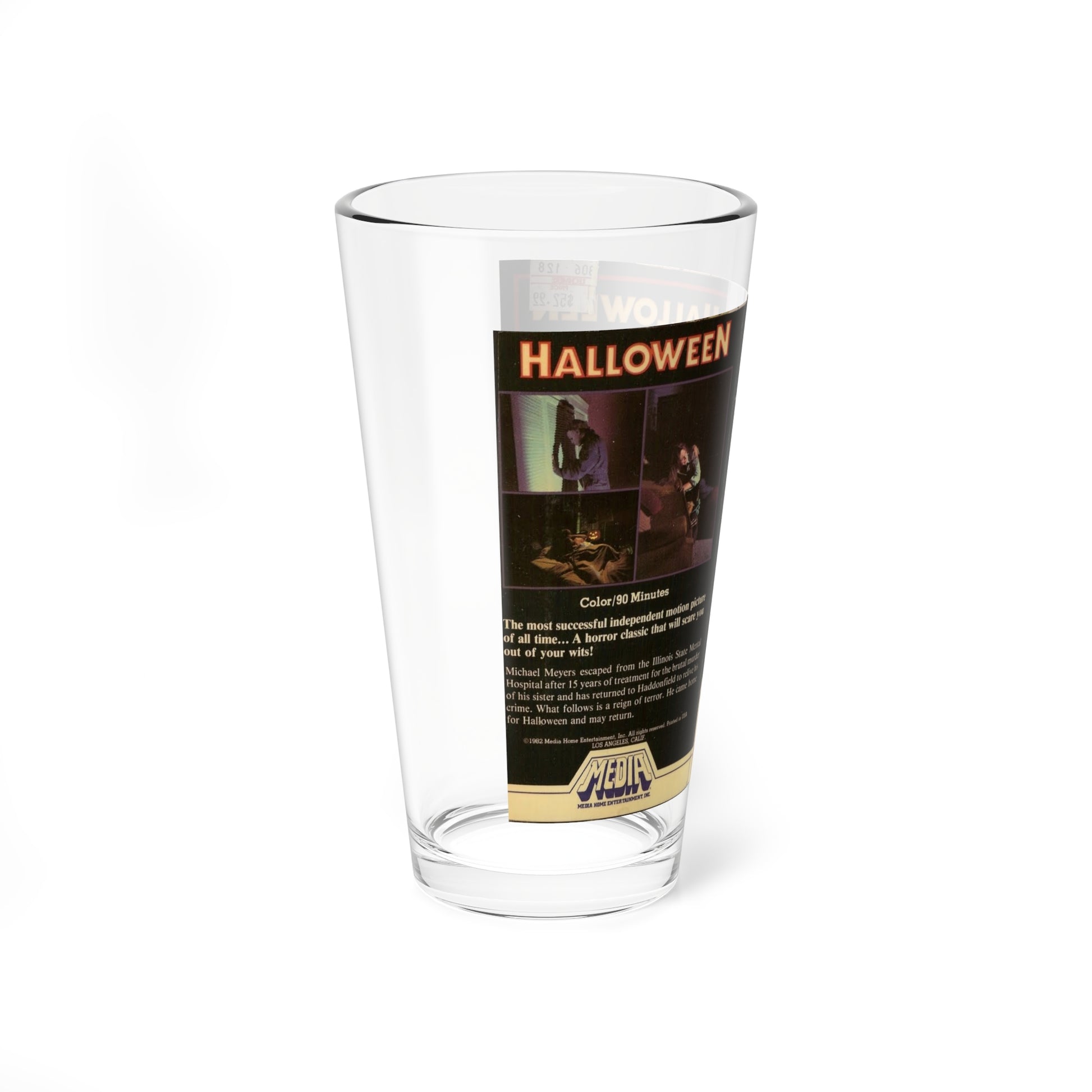 HALLOWEEN MEDIA HOME ENTERTAINMENT (VHS COVER) Pint Glass 16oz-Go Mug Yourself