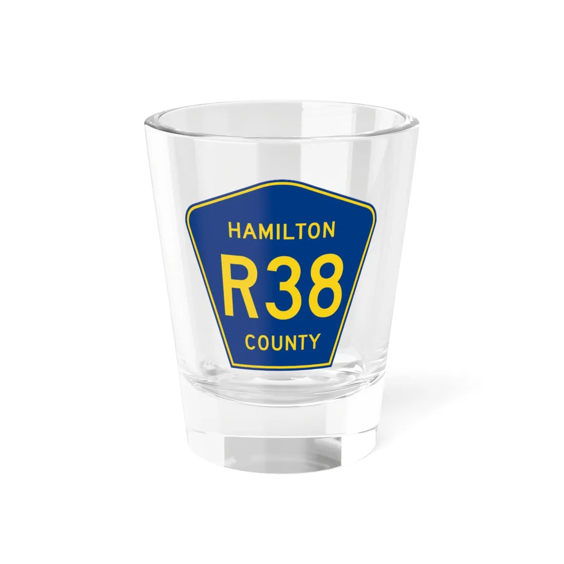 Hamilton County Route R38 IA (Iowa) (Road Sign) Shot Glass 1.5oz 1.5oz - Go Mug Yourself