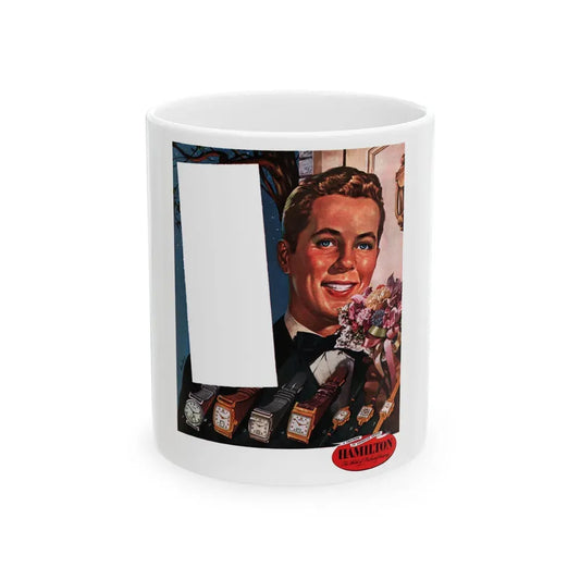 Hamilton Watch ad, Collier's, November 5, 1949 - White Coffee Mug 11oz - Go Mug Yourself