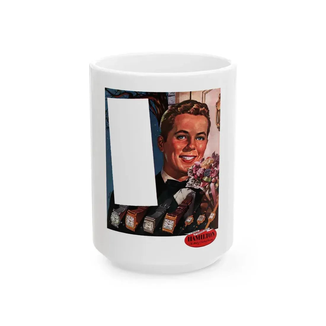 Hamilton Watch ad, Collier's, November 5, 1949 - White Coffee Mug 15oz - Go Mug Yourself