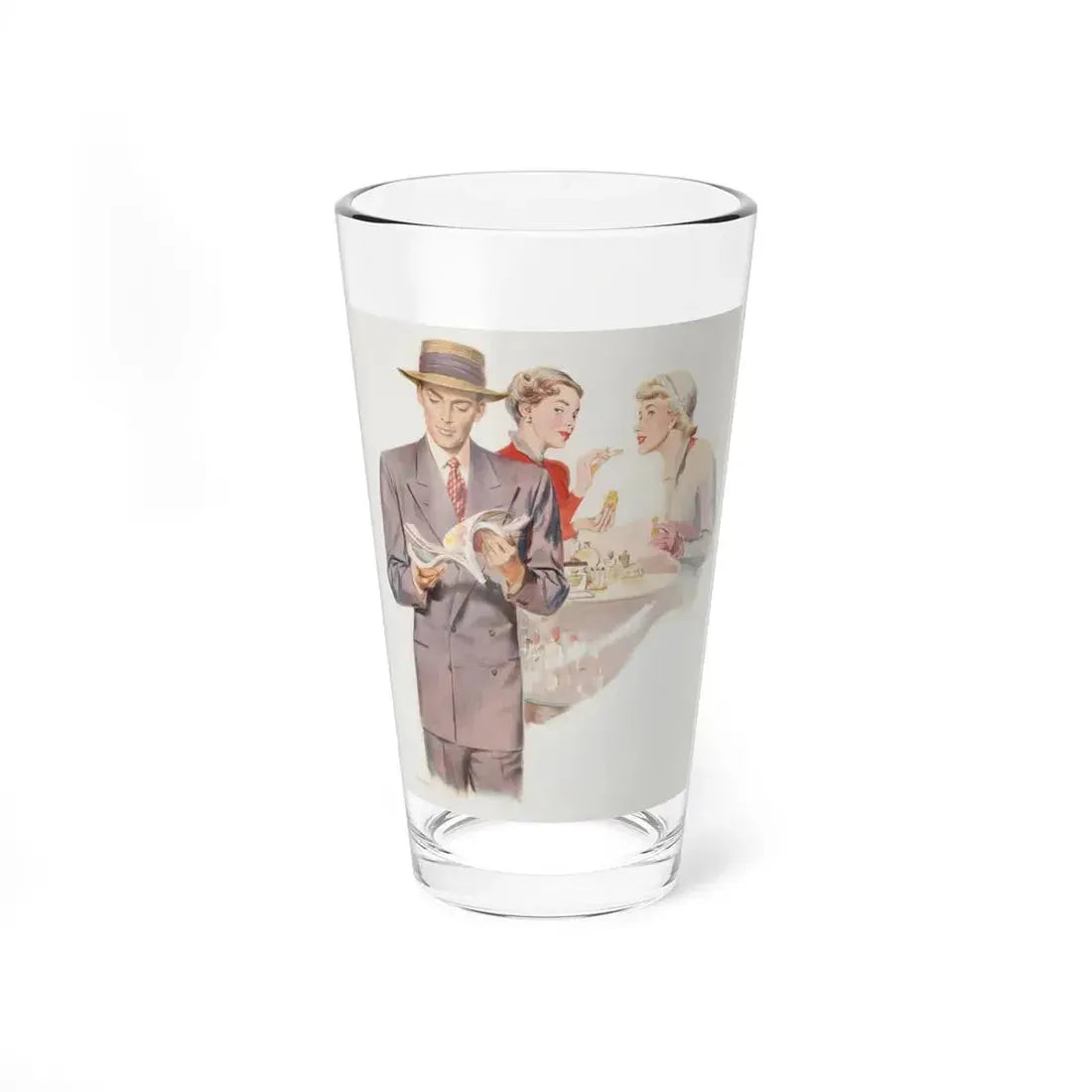 Handsome Man at the Perfume Counter, Hart Schaffner & Marx men's apparel advertisement, 1949 - Pint Glass 16oz 16oz - Go Mug Yourself