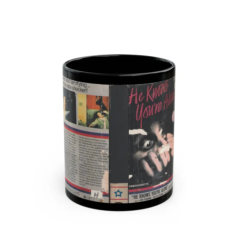 HE KNOWS YOUR ALONE (VHS COVER) - Black Coffee Mug 11oz - Go Mug Yourself