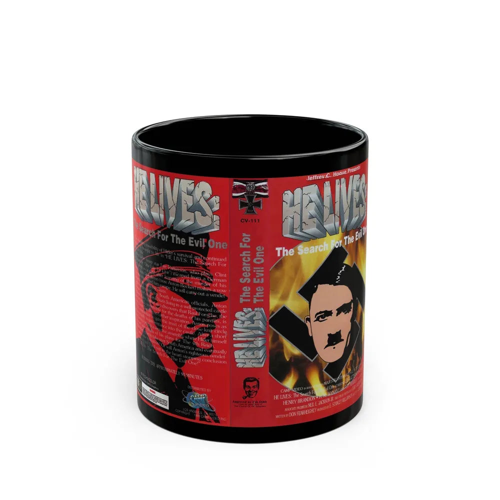 HE LIVES THE SEARCH FOR THE EVIL ONE (VHS COVER) - Black Coffee Mug-11oz-Go Mug Yourself