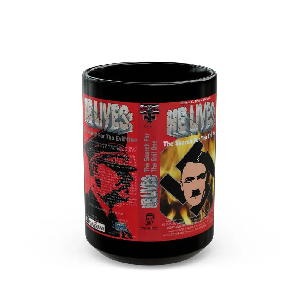 HE LIVES THE SEARCH FOR THE EVIL ONE (VHS COVER) - Black Coffee Mug 15oz - Go Mug Yourself