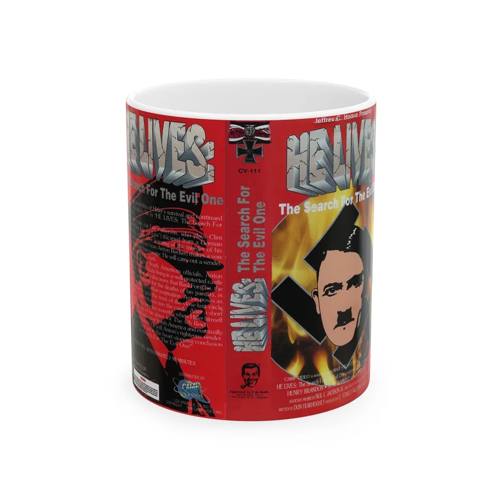 HE LIVES THE SEARCH FOR THE EVIL ONE (VHS COVER) - White Coffee Mug-11oz-Go Mug Yourself