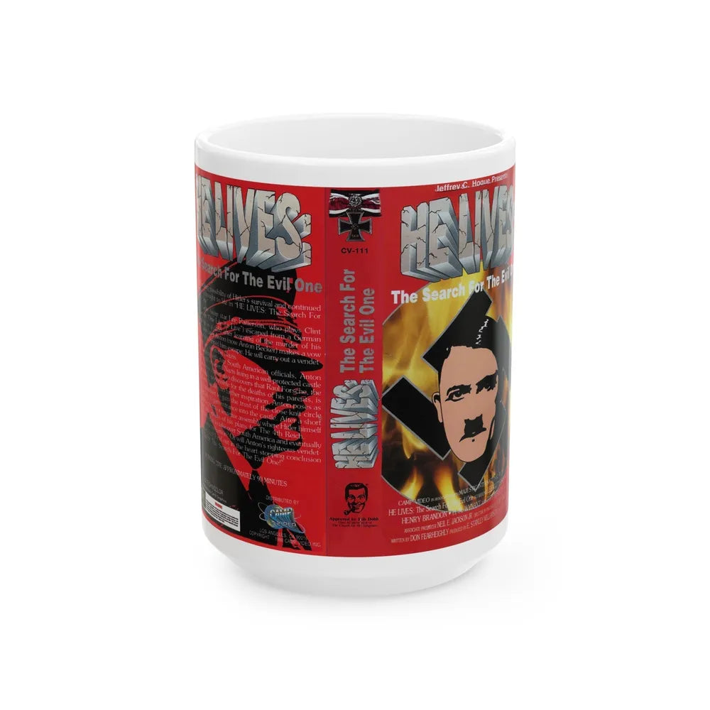 HE LIVES THE SEARCH FOR THE EVIL ONE (VHS COVER) - White Coffee Mug-15oz-Go Mug Yourself