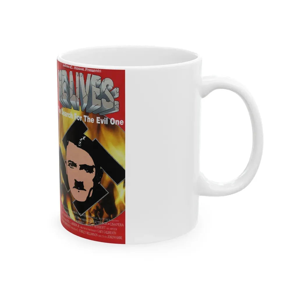 HE LIVES THE SEARCH FOR THE EVIL ONE (VHS COVER) - White Coffee Mug - Go Mug Yourself