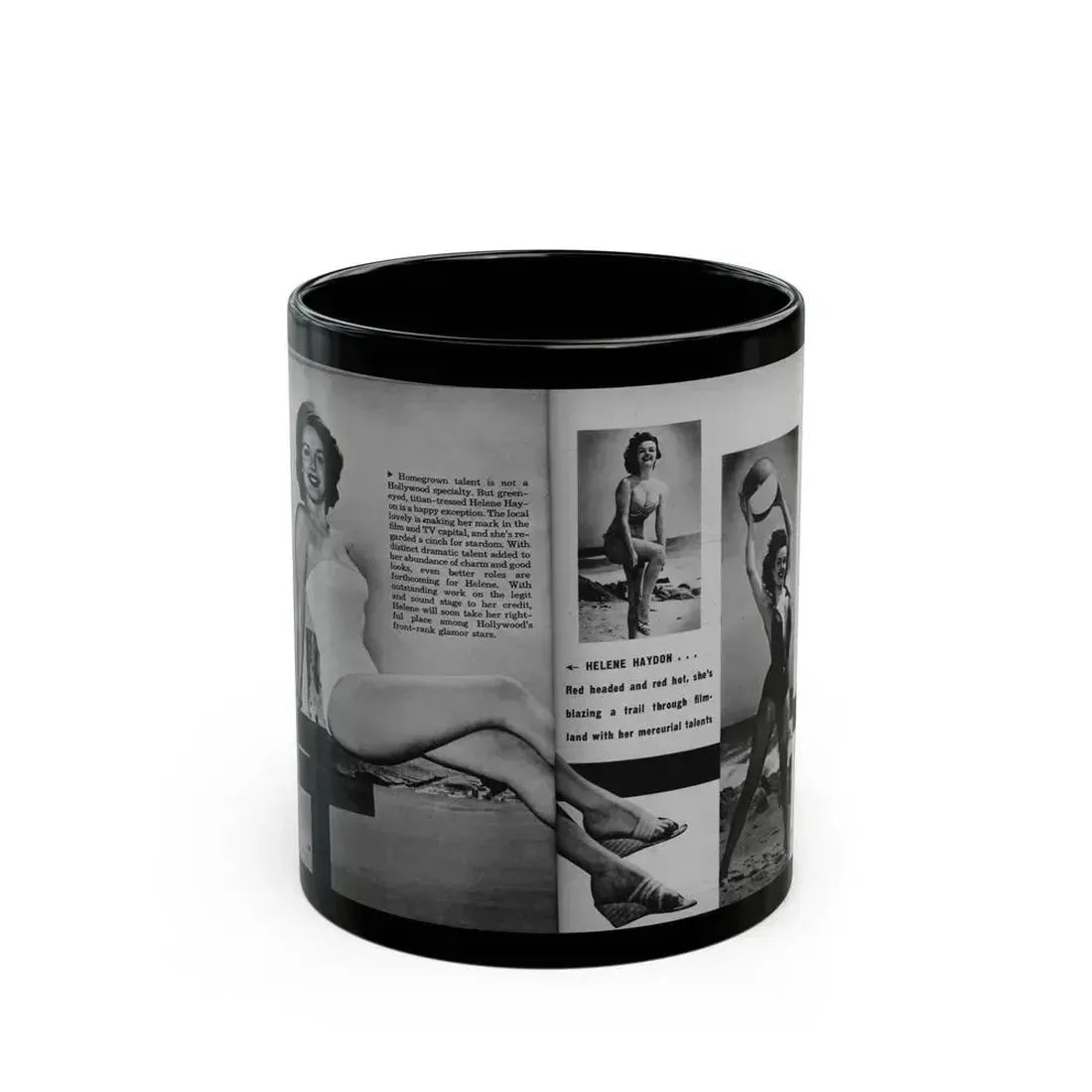 Helene Hayden #06 - 2 Pages, 3 B&W Photos, Short Article & Caption from EYE Digest Mag. Nov. '53 (Vintage Female Icon) Black Coffee Mug 11oz - Go Mug Yourself