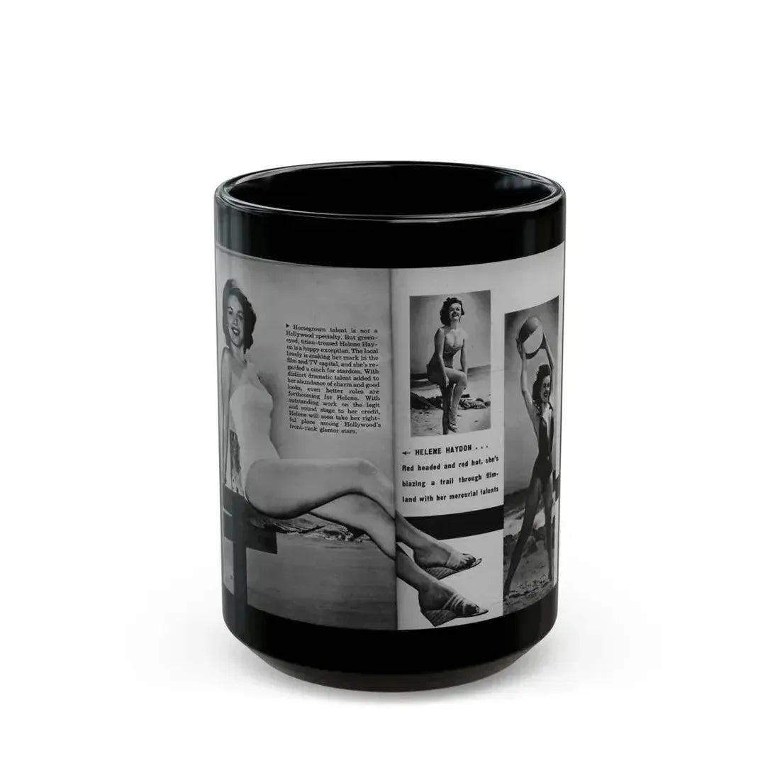 Helene Hayden #06 - 2 Pages, 3 B&W Photos, Short Article & Caption from EYE Digest Mag. Nov. '53 (Vintage Female Icon) Black Coffee Mug 15oz - Go Mug Yourself