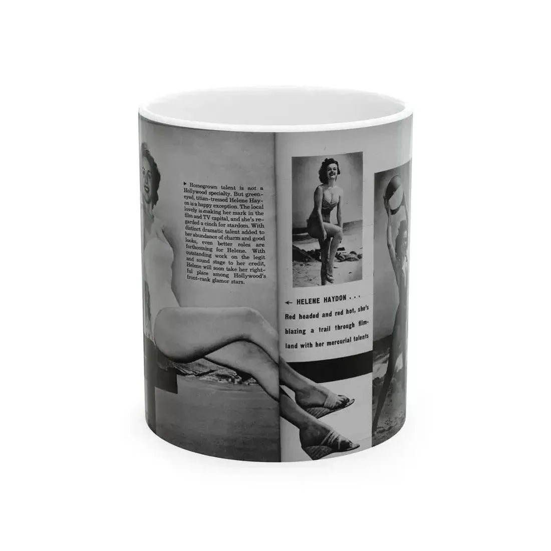 Helene Hayden #06 - 2 Pages, 3 B&W Photos, Short Article & Caption from EYE Digest Mag. Nov. '53 (Vintage Female Icon) White Coffee Mug 11oz - Go Mug Yourself