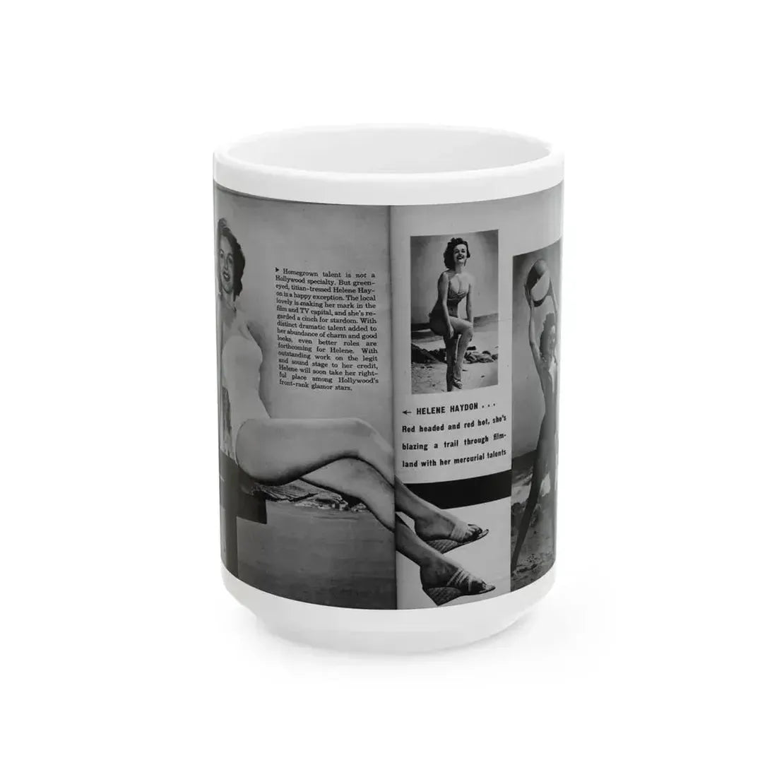 Helene Hayden #06 - 2 Pages, 3 B&W Photos, Short Article & Caption from EYE Digest Mag. Nov. '53 (Vintage Female Icon) White Coffee Mug 15oz - Go Mug Yourself