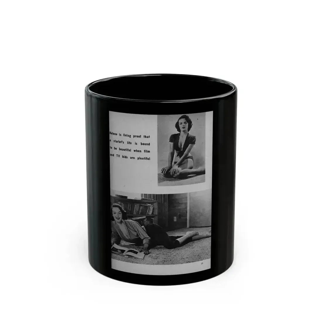 Helene Hayden #08 - 1 Page, 2 B&W Photos, Short & Caption from EYE Digest Mag. Nov. '53 (Vintage Female Icon) Black Coffee Mug 11oz - Go Mug Yourself