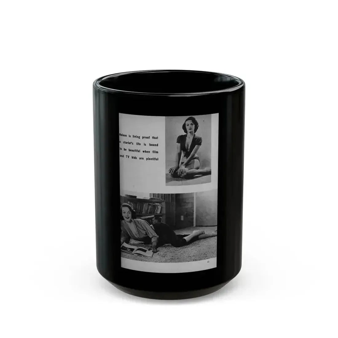 Helene Hayden #08 - 1 Page, 2 B&W Photos, Short & Caption from EYE Digest Mag. Nov. '53 (Vintage Female Icon) Black Coffee Mug 15oz - Go Mug Yourself