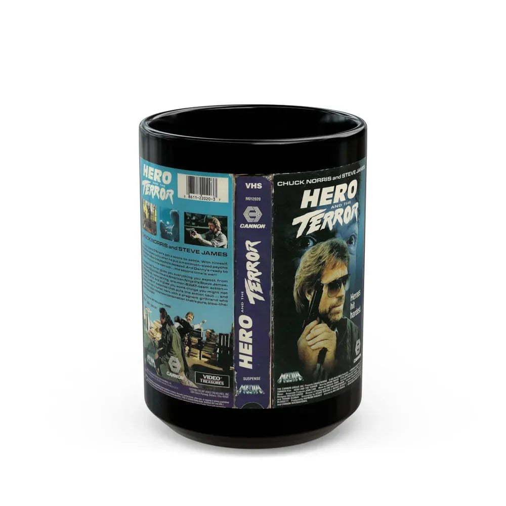 HERO AND THE TERROR CHUCK NORRIS STEVE JAMES (VHS COVER) - Black Coffee Mug 15oz - Go Mug Yourself