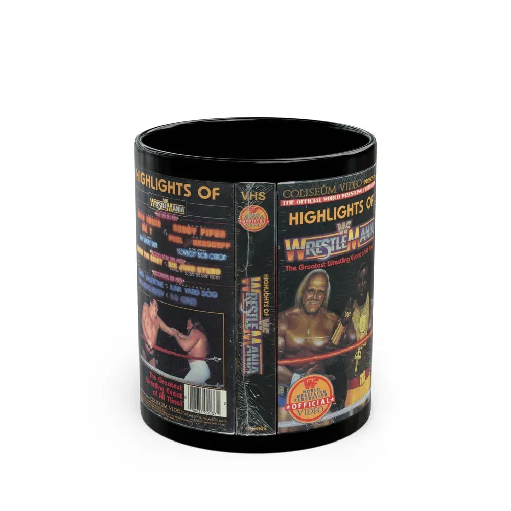 HIGHLIGHTS OFWRESTLE MANIA WWF (VHS COVER) - Black Coffee Mug 11oz - Go Mug Yourself