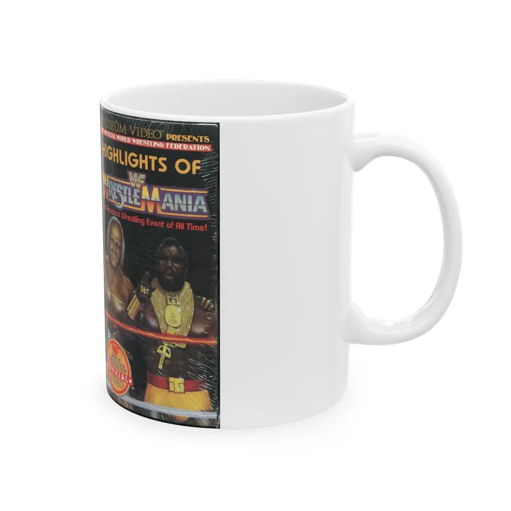 HIGHLIGHTS OFWRESTLE MANIA WWF (VHS COVER) - White Coffee Mug-Go Mug Yourself