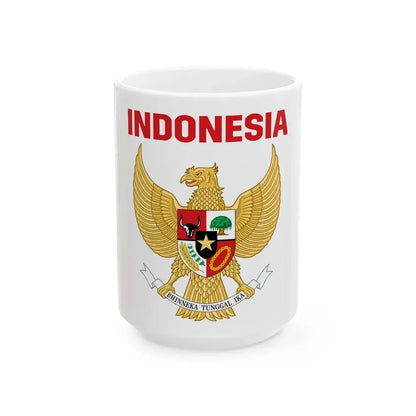 Indonesia coat of arms with name (Indonesia) White Coffee Mug 15oz - Go Mug Yourself