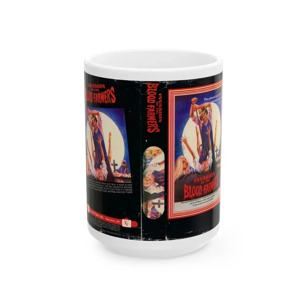 INVASION OF THE BLOOD FARMERS (VHS COVER) - White Coffee Mug 15oz - Go Mug Yourself