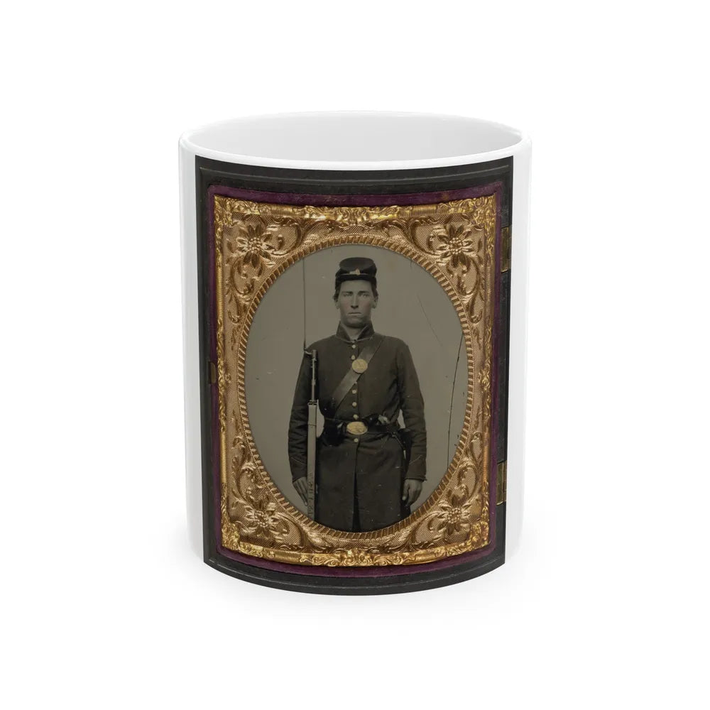 Isaac Yost Of Company C, 118th Regiment Illinois Infantry, Standing In Uniform With Bayoneted Musket And Revolver (U.S. Civil War) White Coffee Mug-11oz-Go Mug Yourself