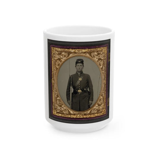 Isaac Yost Of Company C, 118th Regiment Illinois Infantry, Standing In Uniform With Bayoneted Musket And Revolver (U.S. Civil War) White Coffee Mug-15oz-Go Mug Yourself