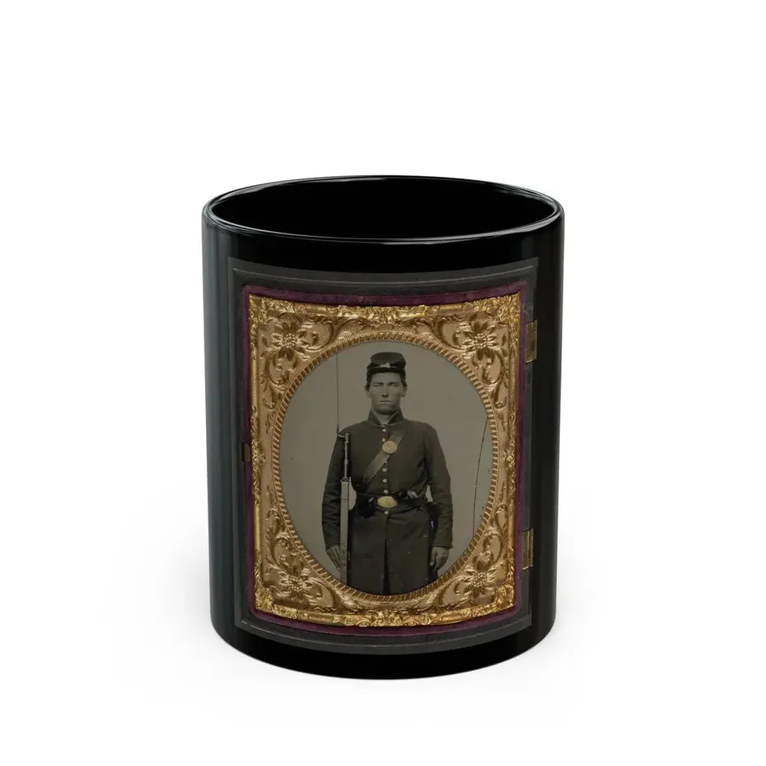 Isaac Yost Of Company C, 118th Regiment Illinois Infantry, Standing In Uniform With Bayoneted Musket And Revolver (U.S. Civil War) Black Coffee Mug 11oz - Go Mug Yourself