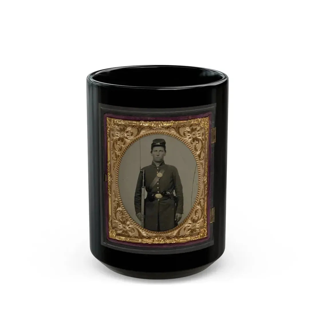 Isaac Yost Of Company C, 118th Regiment Illinois Infantry, Standing In Uniform With Bayoneted Musket And Revolver (U.S. Civil War) Black Coffee Mug 15oz - Go Mug Yourself