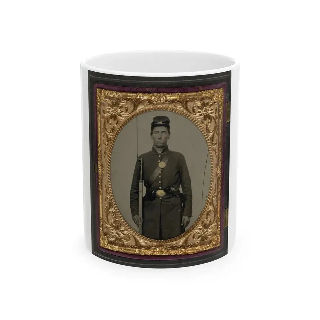 Isaac Yost Of Company C, 118th Regiment Illinois Infantry, Standing In Uniform With Bayoneted Musket And Revolver (U.S. Civil War) White Coffee Mug 11oz - Go Mug Yourself