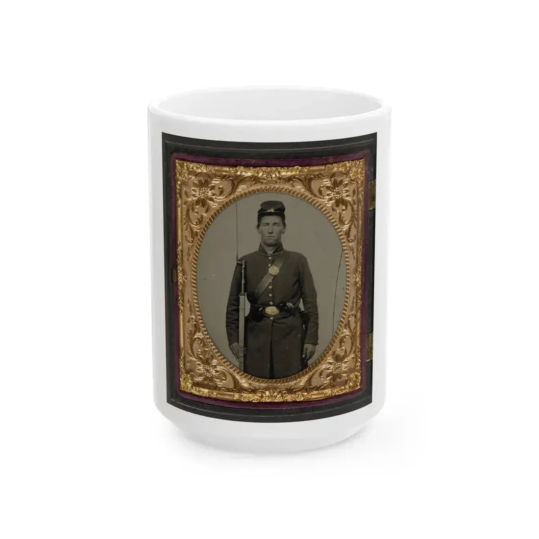 Isaac Yost Of Company C, 118th Regiment Illinois Infantry, Standing In Uniform With Bayoneted Musket And Revolver (U.S. Civil War) White Coffee Mug 15oz - Go Mug Yourself