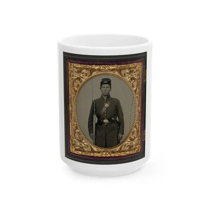 Isaac Yost Of Company C, 118th Regiment Illinois Infantry, Standing In Uniform With Bayoneted Musket And Revolver (U.S. Civil War) White Coffee Mug 15oz - Go Mug Yourself