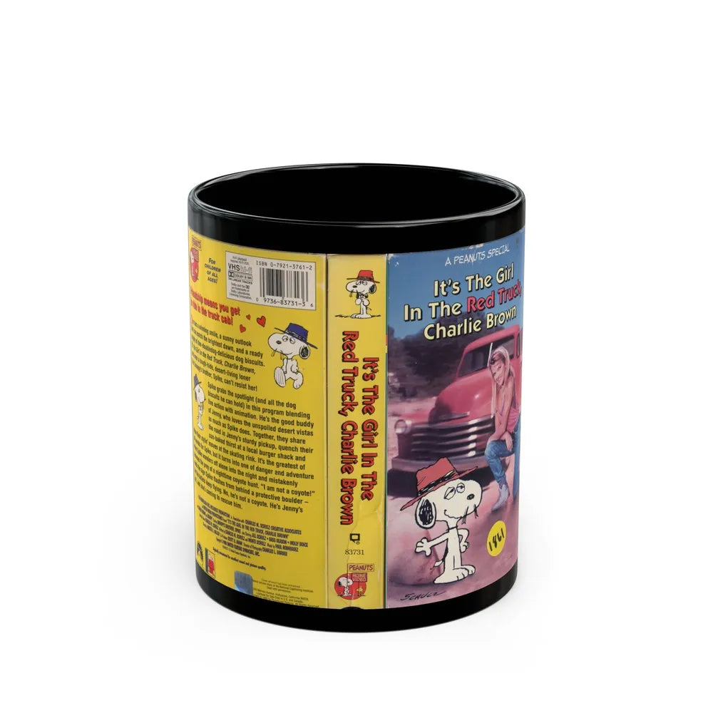 ITS THE GIRL IN THE RED TRUCK CHARLIE BROWN (VHS COVER) - Black Coffee Mug-11oz-Go Mug Yourself