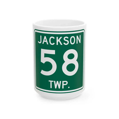 Jackson Township Route 58 Coshocton County Ohio (Ohio) (Road Sign) White Coffee Mug 15oz - Go Mug Yourself