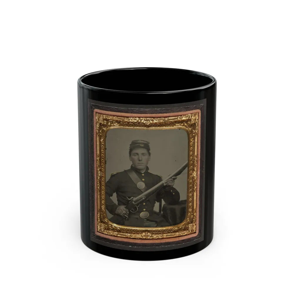 James Mcgrail In Union Uniform With Shoulder Scales And Eagle Breast Plate Sitting With A Musket And Bayonet In Scabbard (U.S. Civil War) Black Coffee Mug-11oz-Go Mug Yourself