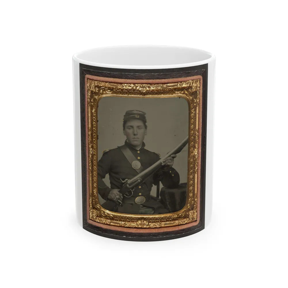 James Mcgrail In Union Uniform With Shoulder Scales And Eagle Breast Plate Sitting With A Musket And Bayonet In Scabbard (U.S. Civil War) White Coffee Mug-11oz-Go Mug Yourself